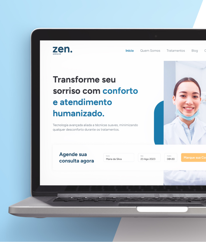 Secao inicial do website num laptop num fundo azul claro